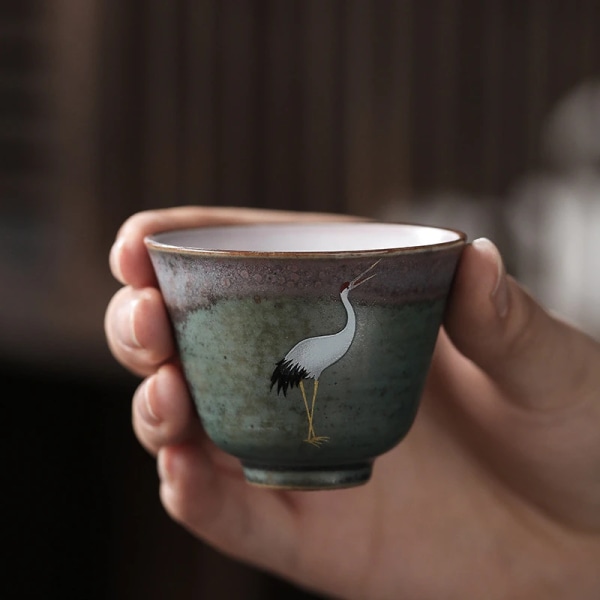 Handmade Crane Tea Cup Stoneware Kiln Roasted Vintage Tea Cup Ceramics Pottery Master Crafted Teaware Kitchen Dining Bar Home