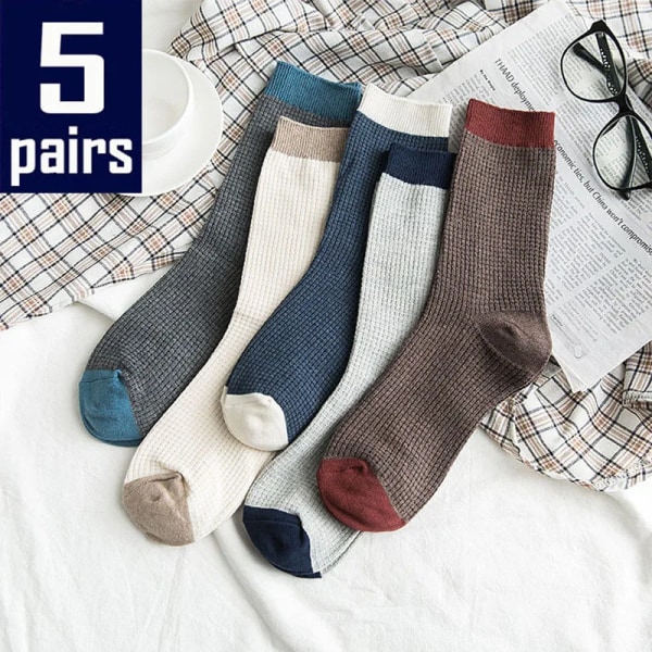 5pairs Trendy Middle Tube Socks For Men Splicing Color Cotton Socks Autumn Winter Warm All-matching men's Socks Streetwear