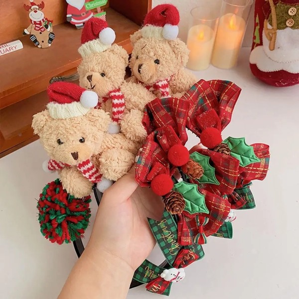 Children Plush Bears Headband Christmas Red Bowknot Santa Hat Hair Bands New Year Xmas Hair Hoop Kids Girls Hair Accessories