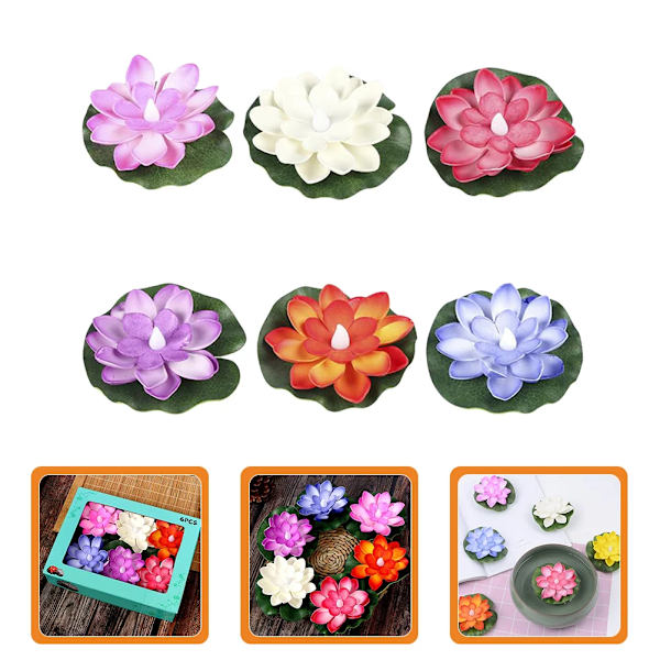 6 Pcs Lotus Floating Water Lamp LED Flameless Tea Lights Adornment Candles Ornament Temple Mini & Holders LED Home Decoration