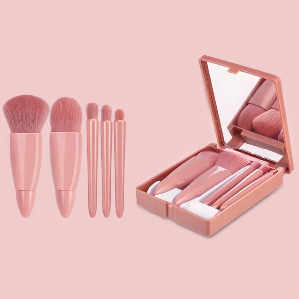 Makeup Brushes Set Portable 5Pcs Multi-Function Set With Mirror Soft Hair Loose Powder Brush Blush Foundation Eye Shadow Brush