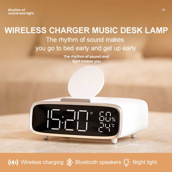 15W Phone Wireless Charger with Bluetooth Speaker Alarm Clock LED Night Light