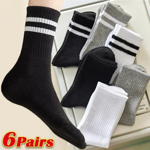 6pairs Simple Cotton Socks Women Autumn Winter Soft Breathable Stripe Solid Black White Sport Middle Tube Sock Deodorant Socks