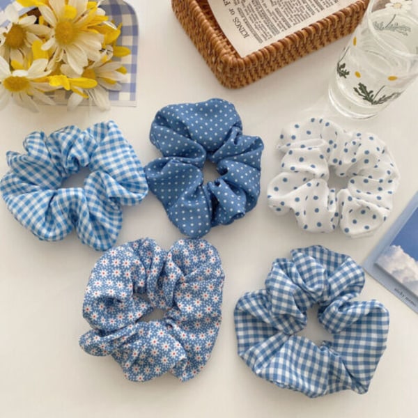 Women Sweet Scrunchies Polka Dot Plaid Daisy Print Hair Ring Rope Ties Headwear