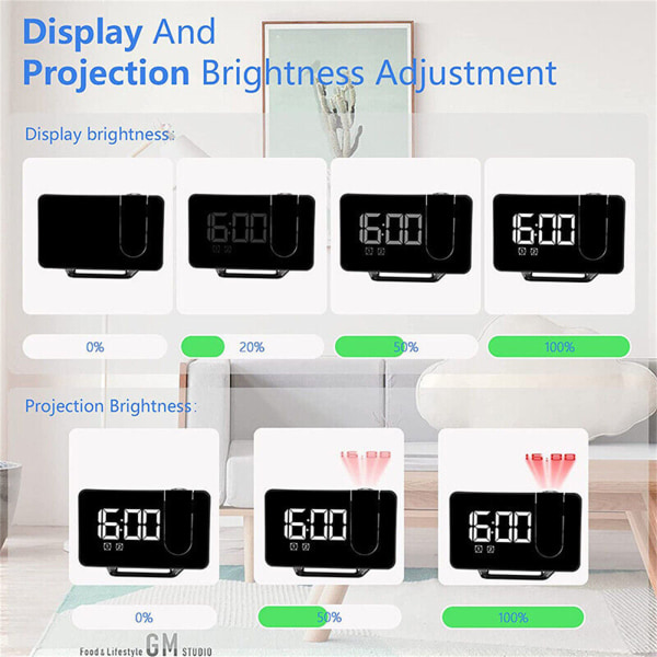 USB Projection Alarm Clock Snooze Digital LED Display Dual Alarm Clock FM Radio
