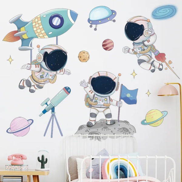 Space Astronaut Wall Stickers for Kids Room Nursery Kindergarten Wall Decoration Removable PVC Cartoon Wall Decals Home Decor