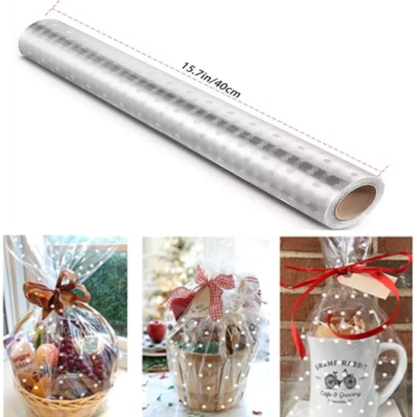 White Dots Cellophane Bags, Cellophane Wrap Roll for Bouquet Arts and Crafts Gift Baskets, 40cm x 30m
