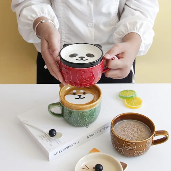 Modern Cute Animals Cartoon Ceramic Cup Embossed Mugs Breakfast Oatmeal Mugs Kids Girl Coffee Cup Birthday Gift Home Decoration