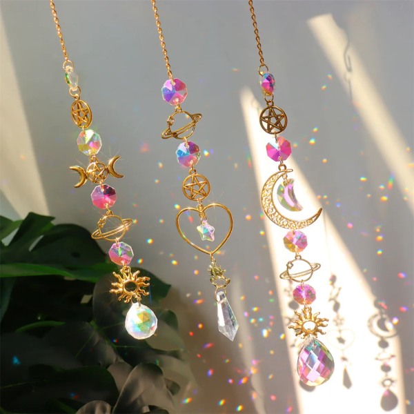 Suncatcher Crystal Wind Chime Star Moon Diamond Hanging Prisms Light Catcher Rainbow Chaser Jewelry Pendant Home Garden Decor
