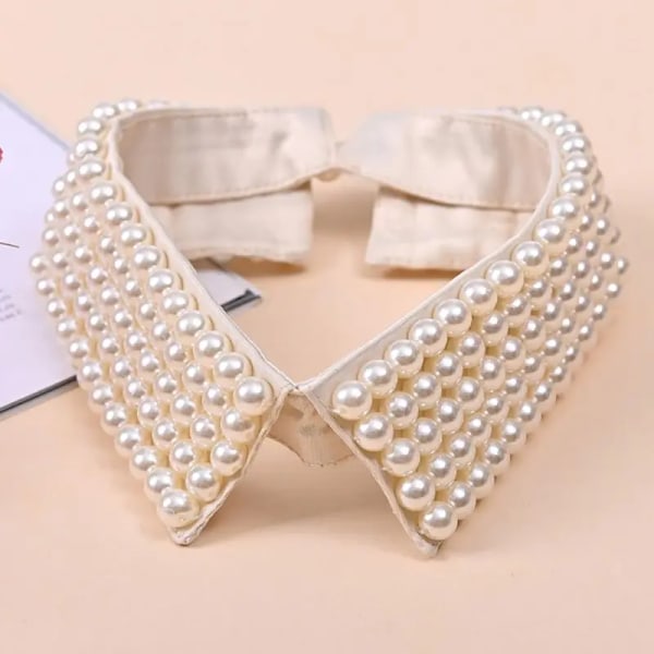 Women Retro Handmade Beading Faux Pearls Layers Bib Lapel Fake Collar Jewelry Detachable Necklace Choker Cloth Accessory