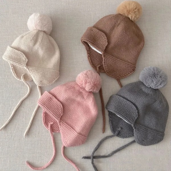 1-3Y Baby Hat Big Pompom Beanie with Earflap Wool Plush Children Knitted Cap for Girls Boys Winter Thicken Warm Kids Accessories