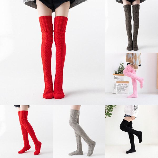 Women Cable Knit Cotton Extra Long Boot Over Knee Thigh High Girls Stockings red
