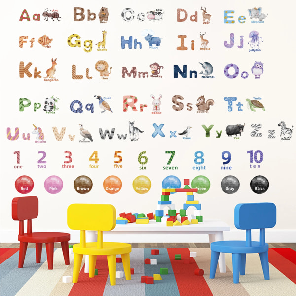 Alphabet Animals Wall Decals Numbers Wall Decor ABC Letters Wall Stickers for Classroom, Kids Room, Nursery Bedroom Playroom