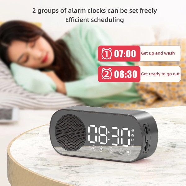 Digital Alarm Clock Bluetooth 5.0 Speaker LED Display Mirror Desk Alarm Clock with FM Radio TF Card Play Dimmable Bedroom Clock