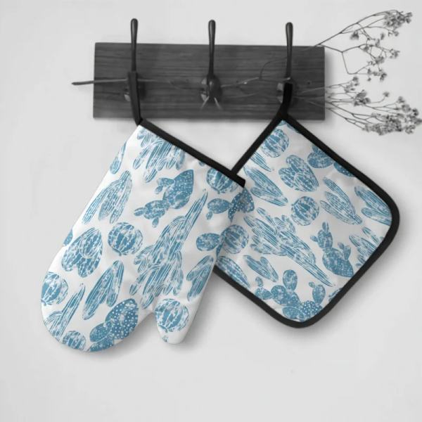 Blue Cactus Oven Mitt and Pot holder Set Heat Resistant Non Slip Kitchen Gloves with Inner Cotton Layer for Cooking BBQ Baking