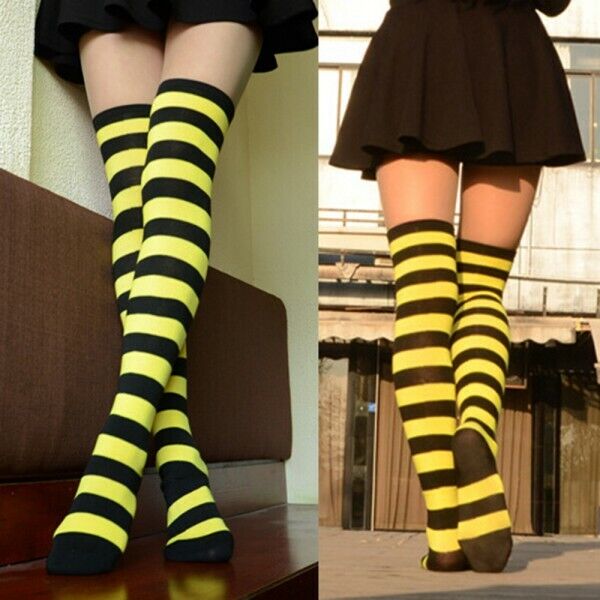 Women Girls Over Knee Socks High Stockings Striped Plus Size Long Sock