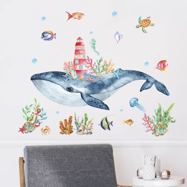Whale Lighthouse Cartoon Wall Stickers for Kids room Bathroom Wall Decoration Self-adhesive Wallpapers Art Wall poster for Home
