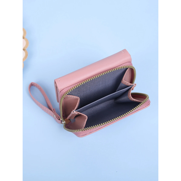 Metal Detail Small Wallet With Wristlet Coin Pocket Small Purse Trifold Zipper Women Wallet Lightweight Pattern Portable Credit