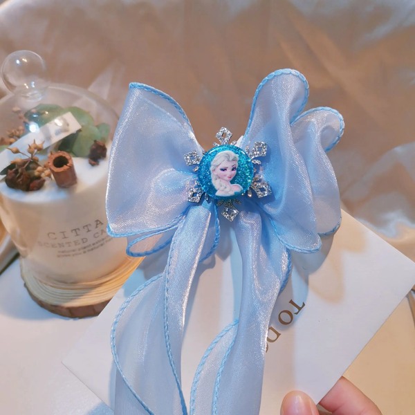 Frozen Elsa Hairpin Children Elsa Princess Bow Hair Accessories Girl Cute Blue Ribbon Crown Top Clip Snowflake Birthday Gift
