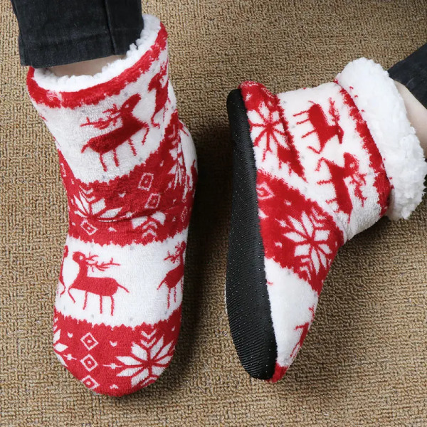 Winter Floor Shoes Woman Hoouse Slippers Christmas Elk Indoor Socks Shoes Warm Fur Contton Slipper Plush Insole Anti-Skid Sole