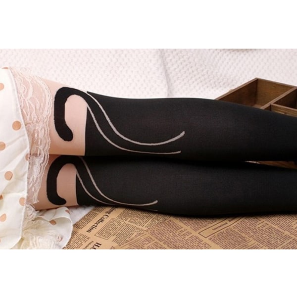Women Sexy Cute Black Tattoo Long Socks Sheer Cartoon Cat Pantyhose Stockings.BI