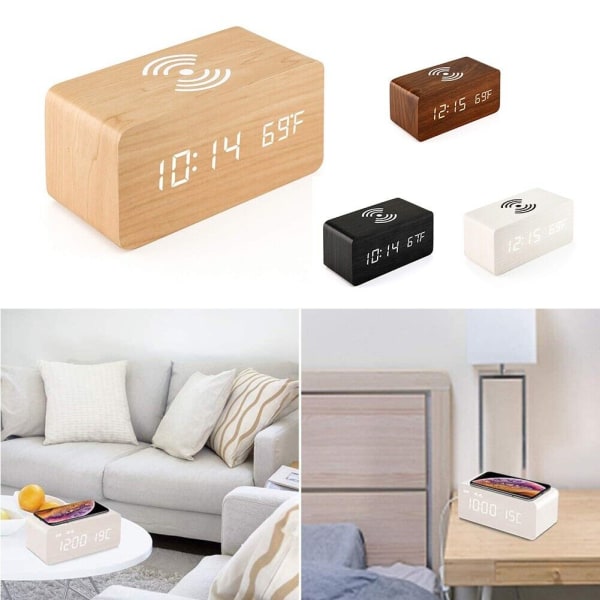 Wooden Digital Clock with Wireless Phone Charger Alarm and Temperature Readout