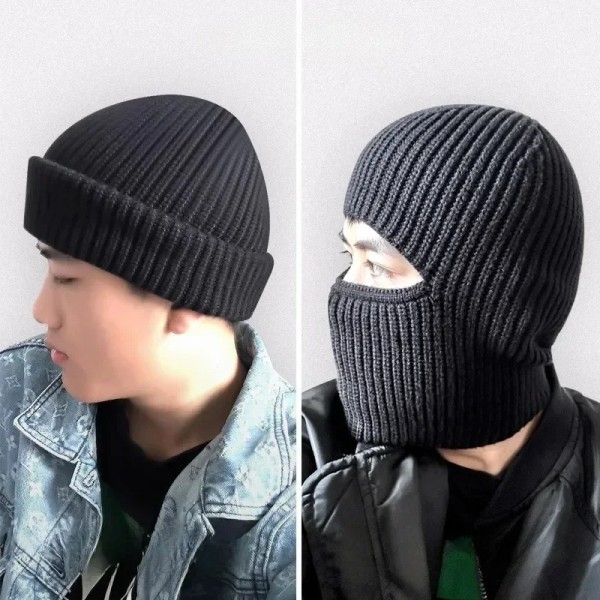 2 in 1 Mask Beanie Full Face Cover Winter Man Thicken Knitted Warmer Hat Outdoor Ski Skate Windproof Ear Protection Bonnet Hats