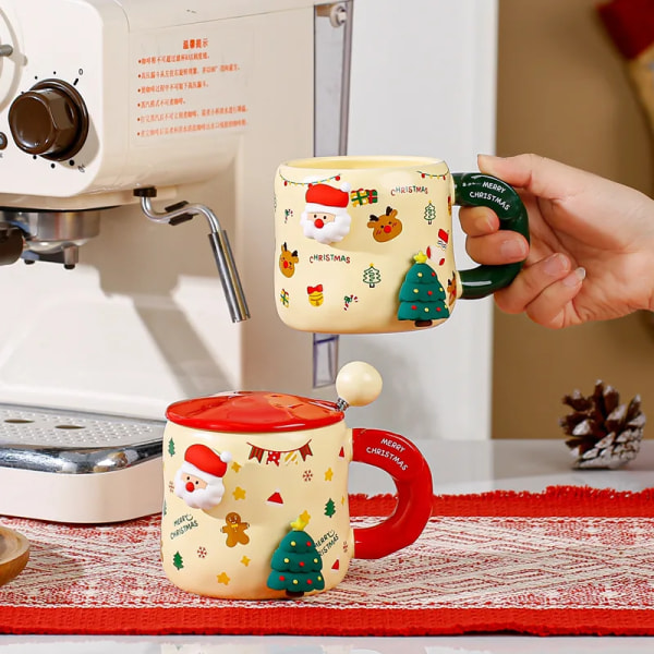 DIY Magnetic Christmas Ceramic Cup Large Christmas Cartoon Coffee Mug with Lid Spoon 3D Couple Santa Mugs Milk Drink Coffee Cup