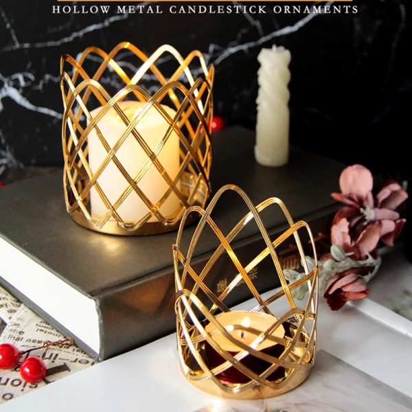 Light Luxury Golden Iron Candlestick Wedding Hollow Woven Candlestick Ornaments Desktop Storage Pen Holder Hollow Crafts