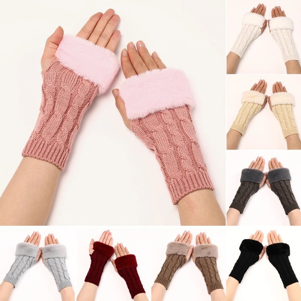 Korean Knitting Gloves Furry Sleeves Warm Fingerless Mittens All-match Stretch Exposed Finger Gloves Arm Warmers Guantes