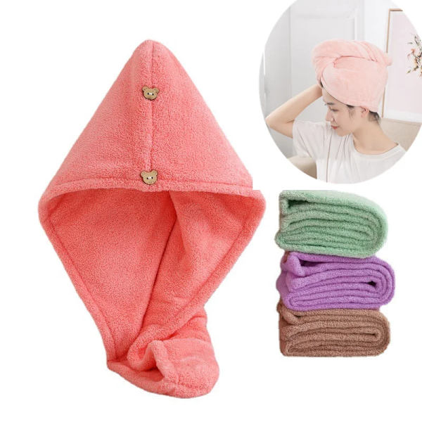 Microfiber Hair Towel,Care Cap with Button,Super Absorbent Hair Towel Wrap Fast Drying Hair Wraps  Women Bathroom Accessories