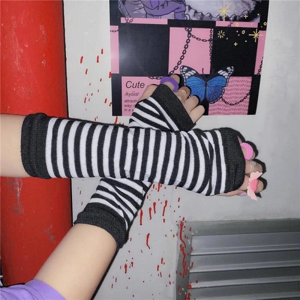 Anime Women Girls Hand Arm Warmer Fingerless Gothic Long Glove Wristband Arm Cover Long Sleeve Soft Striped Elbow Knitted Gloves