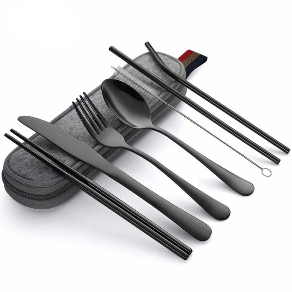 Tableware Reusable Travel Cutlery Set Camp Utensils Set with stainless steel Spoon Fork Chopsticks Straw Portable case