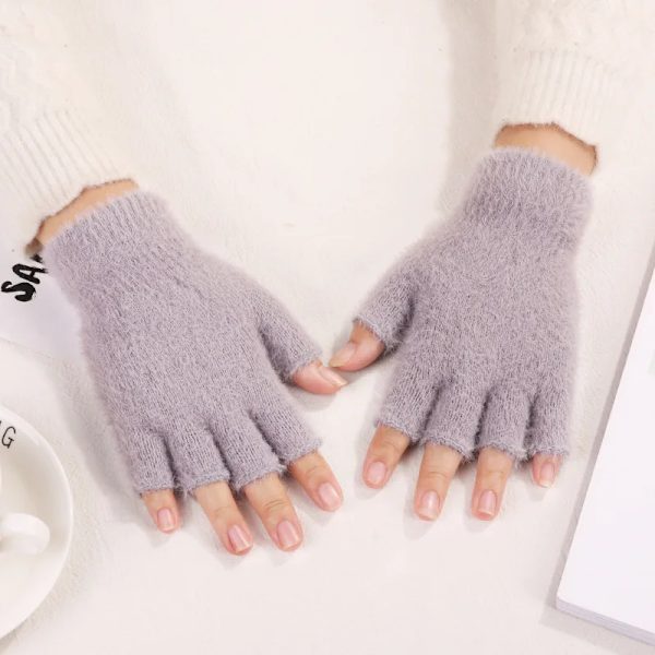 Warm Winter Knit Gloves Half Finger Men Women Thermal Gloves Autumn Solid Color Adult Writing Office Thick Elastic Plush Gloves