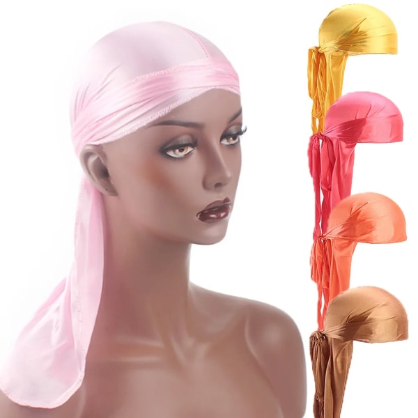 New Unisex Long Silk Satin Breathable Turban Hat Wigs Doo Durag Biker Headwrap Chemo Cap Pirate Hat Men Hair Accessories
