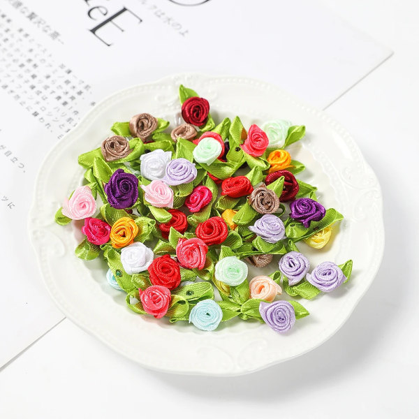 100Pcs Mini Rose Artificial Flowers Heads 2cm Buds Fabric Flower Wedding Decoration Craft Supplies Ribbon Bow-Knot Gift Decor