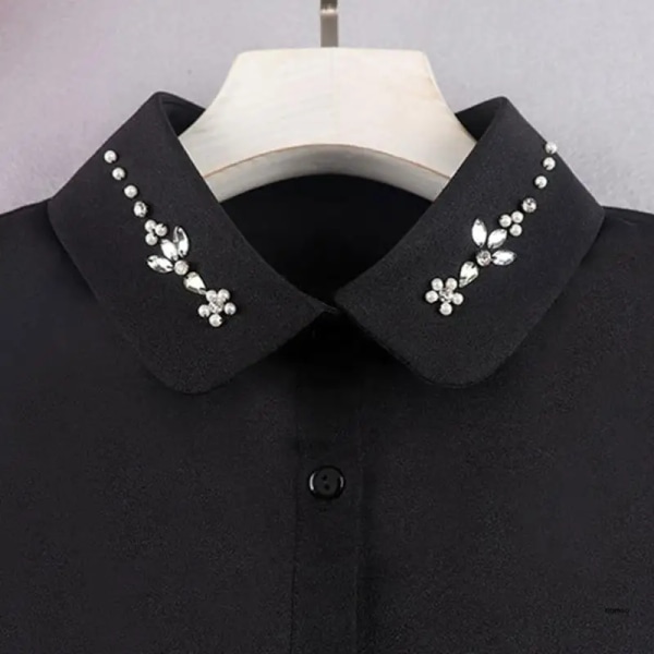 Women for Rhinestone Pearl Beading Floral False Fake Lapel Dickey Collar Detachable Half Shirt Blouse High Low Buttons Down