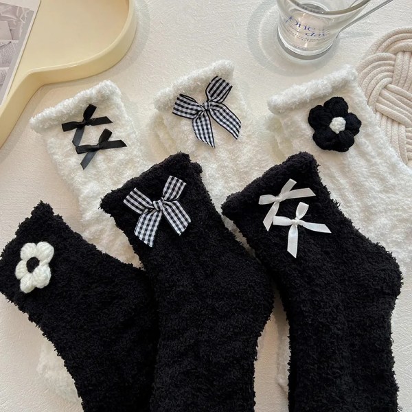 Winter Warm Cute Socks Women Flower Sock Fuzzy Autumn Funny Middle Tube Thick Home Black White Floor Soft Sleeping Female