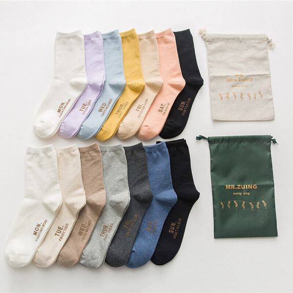 7 Pairs for Week Autumn Winter Socks Pure Cotton Solid Color Medium Tube Socks