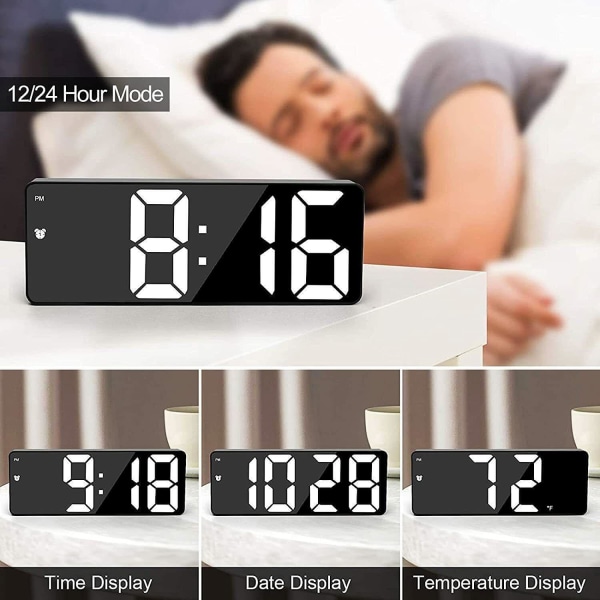 LED Digital Desk Alarm Clock  USB Large Mirror Display Snooze Temperature Mode