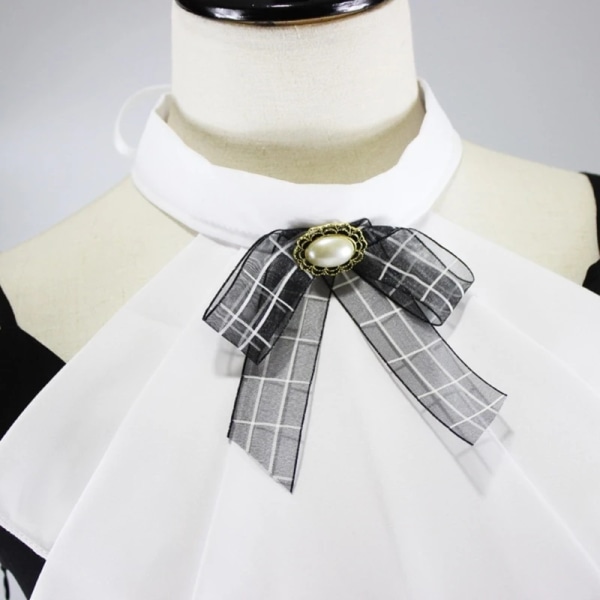 652F Layered Ruffle Fake Collar Jabot with Checked Bowknot Steampunk Costume Accesories
