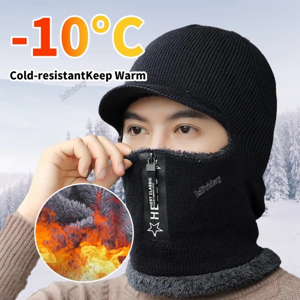 Men Winter Warm wool Hat Outdoor cycling Ear Protection Warm Thicken Bicycle Knitted zipper Cap Scarf Windproof Knitted cap mask