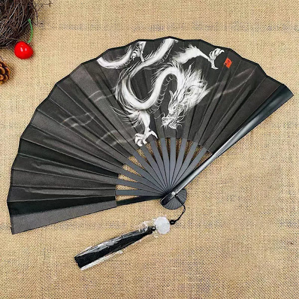 Retro Dragon Folding Fan National Style Man Woman Hanfu Retro Portable Durable Double-sided Pattern Silk Cloth Fan 8 Inch