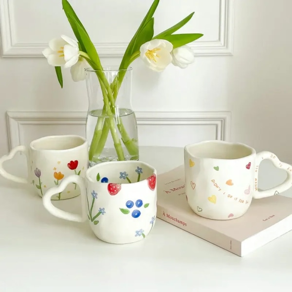 Cute Heart Ceramic Coffee Mugs Korean Style Ins Hand Painted Floral Hand Pinched Irregular Tea Milk Cup Breakfast Oatmeal Mug