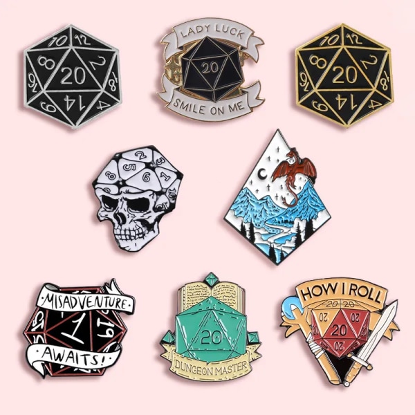 20 Face Dice Metal Enamel Brooch Fashion Personality D20 DnD Dice Game Badge Pin Cartoon Trendy Costume Backpack Jewelry Gift
