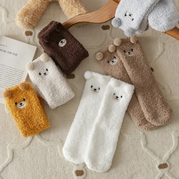 3 Pairs Women Winter Socks Cute Bear Cartoon Fleece Socks Autumn Winter Thickened Warm Soft Indoor Home Sleeping Floor Socks