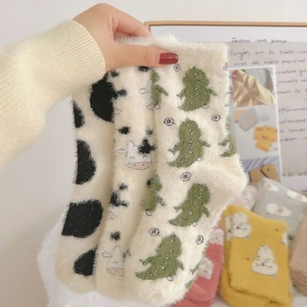 Autumn Winter Padded Socks Cow Pattern Plush Socks Spotted Plush Thickened Soft Cute Comfortable Mid-calf Socks Warm