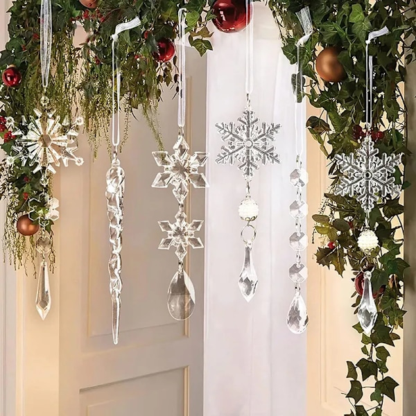 5Pcs Acrylic Snowflake Simulation Ice Pendants Xmas Tree Hanging Ornament 2023 Christmas Decorations for Home New Year Gift 2024