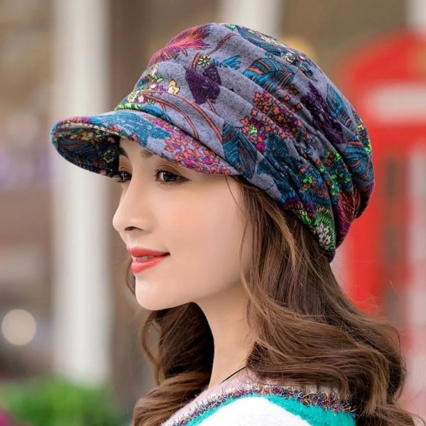 Women Hat Short Brim Warm Foldable Earflap Women Cap Ethnic Style Floral Print Autumn Winter Hat Daily Clothing Turban Visor