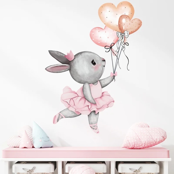 Cartoon Grey Ballet Rabbit with Heart Balloon Wall Decals Baby Girls Room Decor Wall Sticker Kindergarten Nursery Room Wallpaper